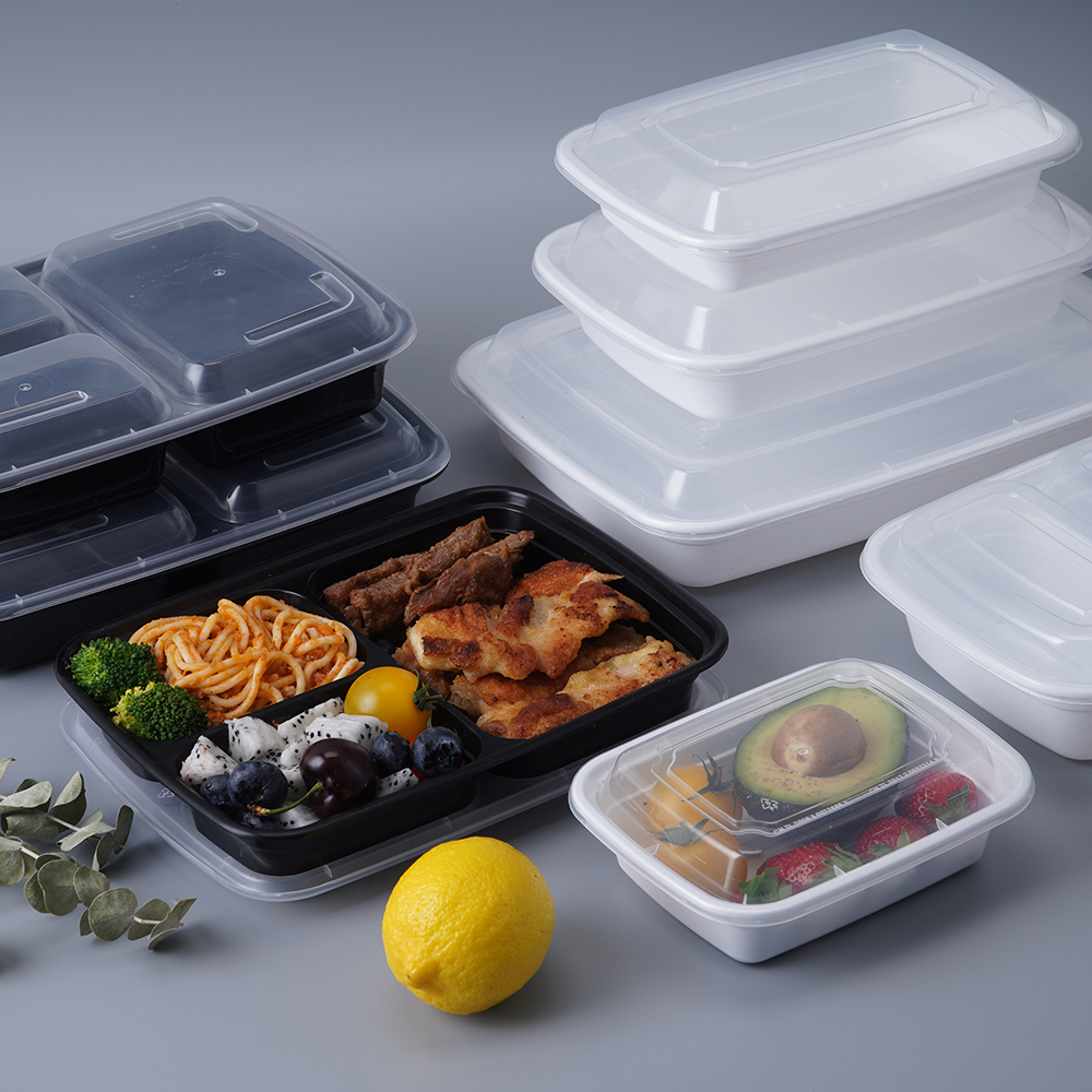 Black rectangular meal microwavable to go takeaway disposable plastic